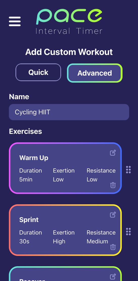 Add Custom Workout screen with quick and advanced setup options