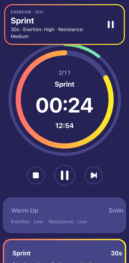 Pace sprint timer showing a 30-second interval and the upcoming workout steps