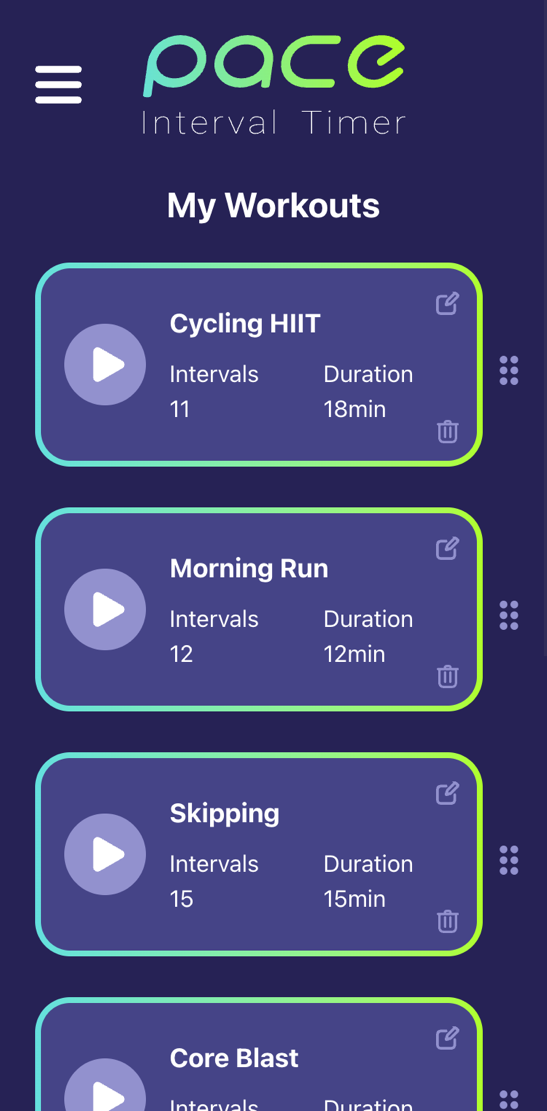 My Workouts screen with saved cycling, running and skipping routines